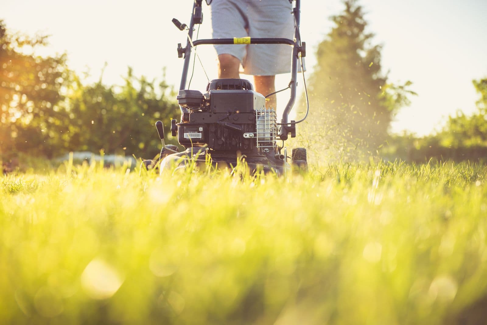 Lawn care crew member mowing a lawn